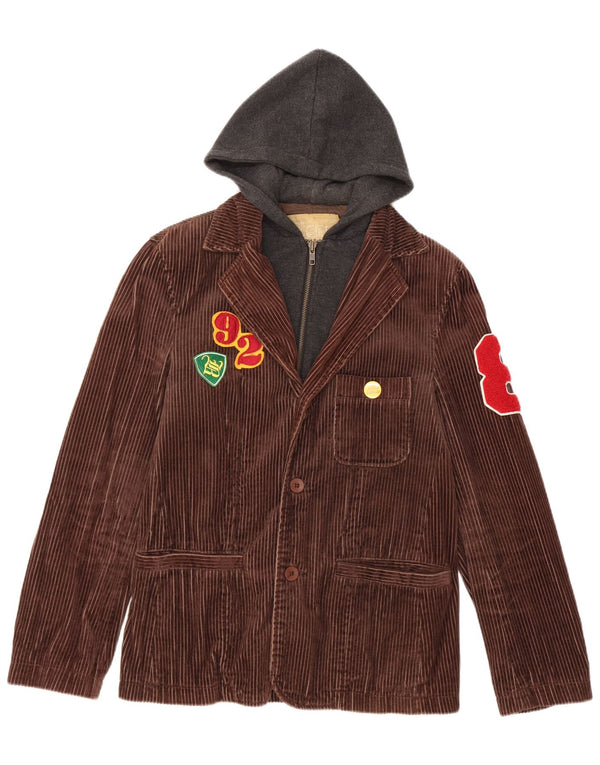 Blend Womens Graphic Hooded Corduroy Jacket UK 36 Small Brown Cotton