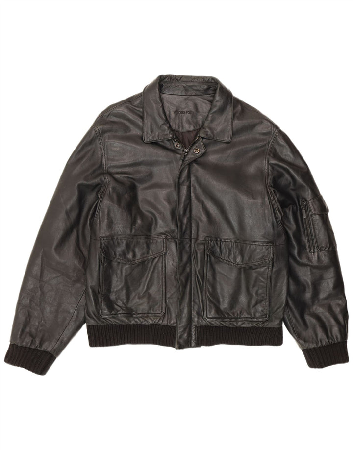 Vittorio Forti Mens Leather Bomber Jacket IT 50 Large Black
