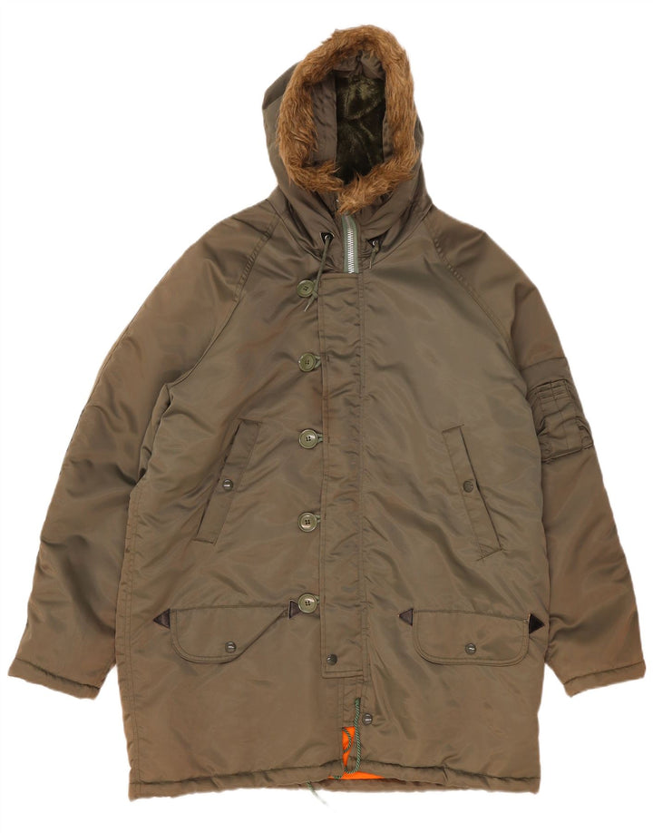 Vintage Mens Hooded Parka Jacket IT 52 XL Khaki Polyamide