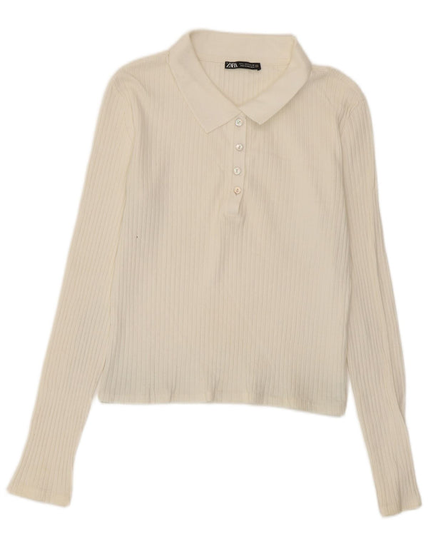 Zara Womens Crop Long Sleeve Polo Shirt UK 14 Large White