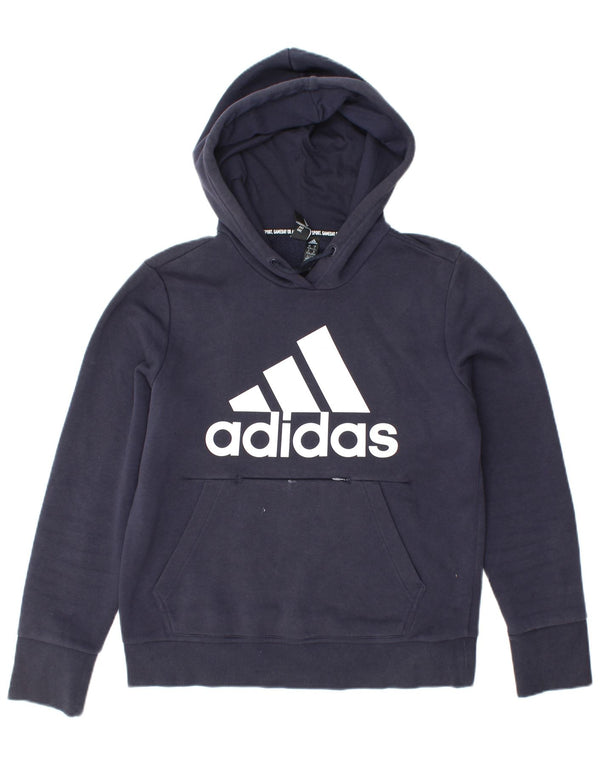 ADIDAS Womens Graphic Hoodie Jumper UK 12/14 Medium Navy Blue Cotton