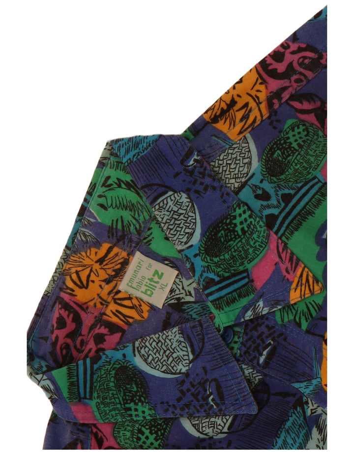 Vintage Mens Abstract Pattern Short Sleeve Shirt XL Blue Cotton