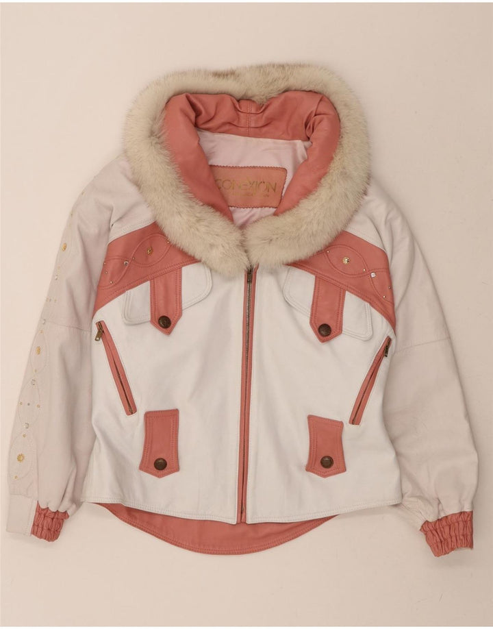 VINTAGE Womens Bomber Jacket UK 14 Medium White Colourblock Vintage Vintage and Second-Hand Vintage from Messina Hembry 