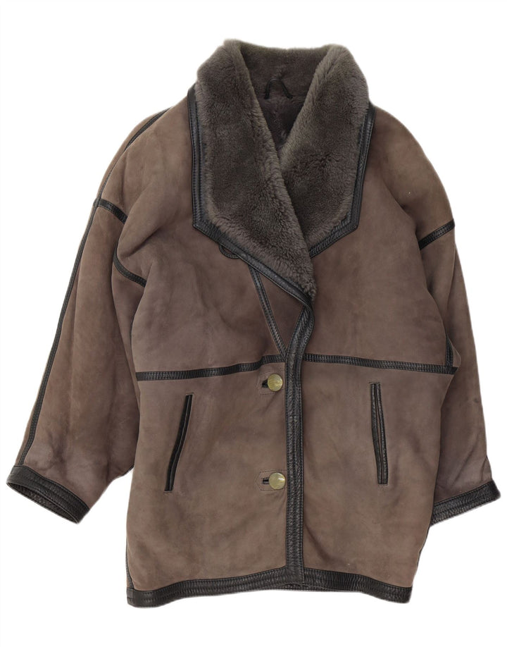 Vintage Womens Oversized Shearling Coat UK 20 2XL Grey Leather