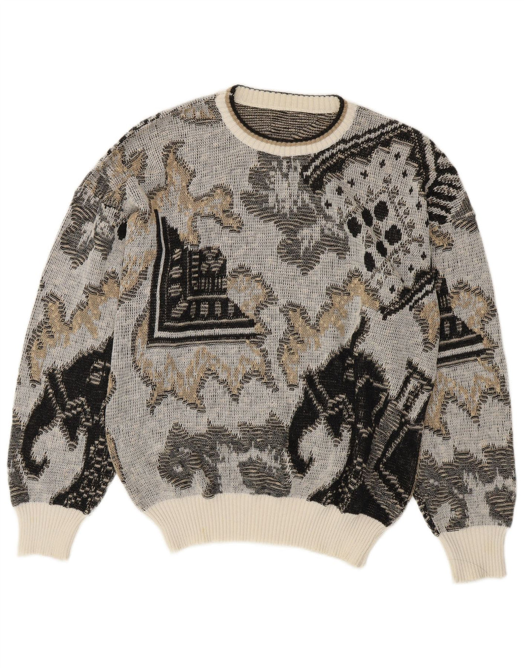 Vintage Mens Crew Neck Jumper Sweater Medium Grey Geometric Cotton