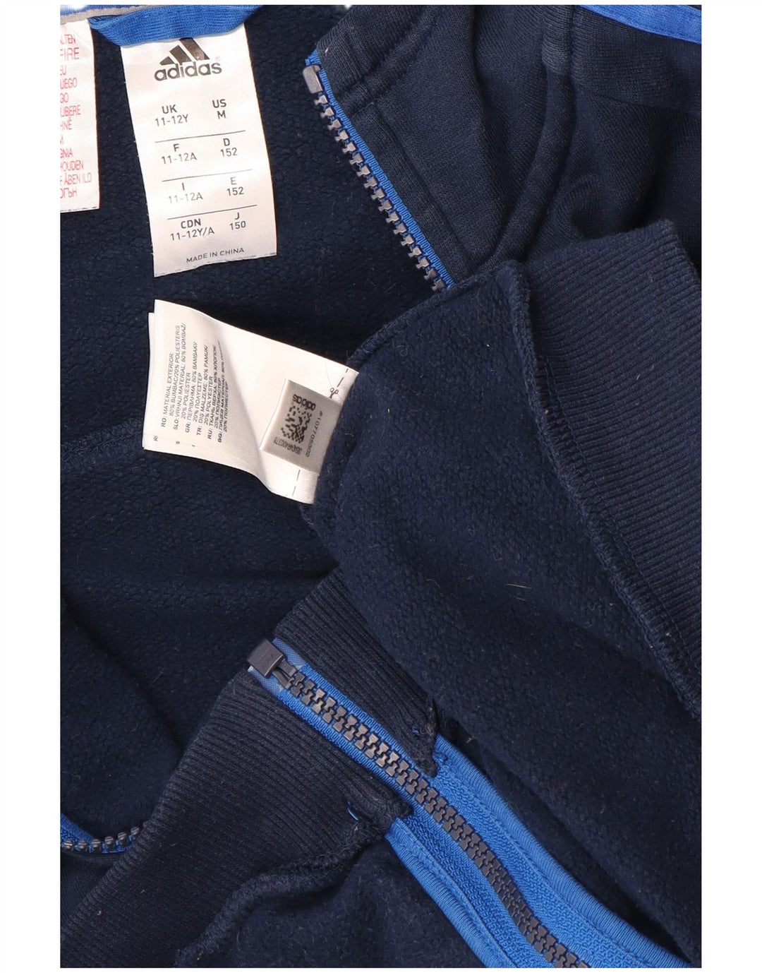 ADIDAS Boys Graphic Zip Hoodie Sweater 11-12 Years Navy Blue Cotton