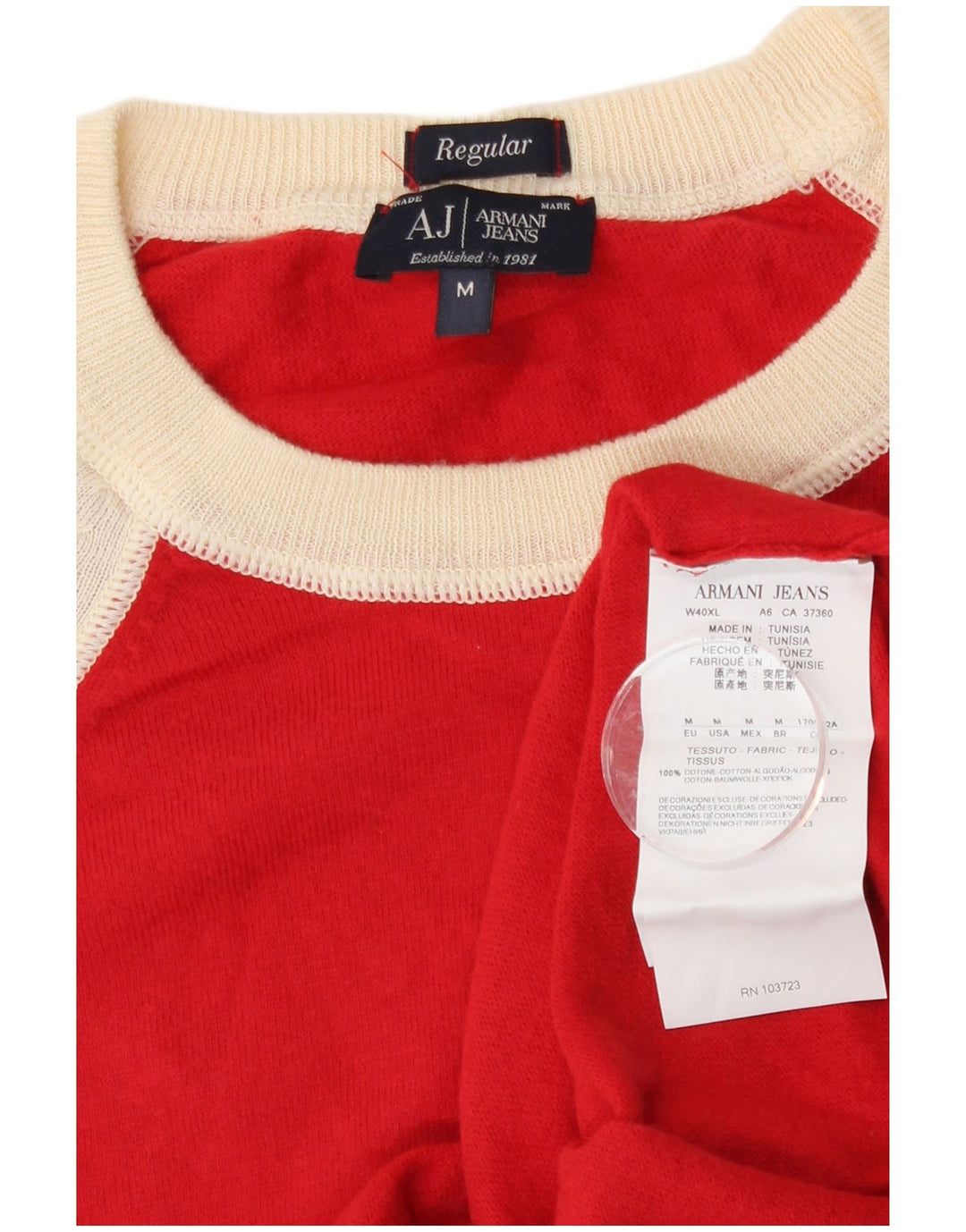 Armani Jeans Mens Boat Neck Jumper Sweater Medium Red Colourblock