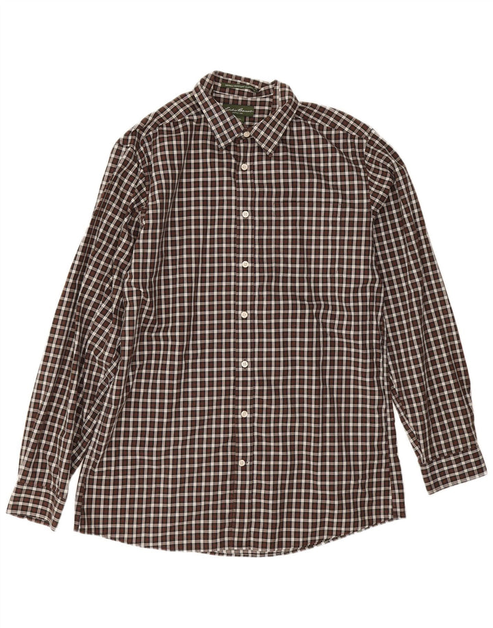 Eddie Bauer Mens Tall Classic Fit Shirt Large Brown Gingham Cotton
