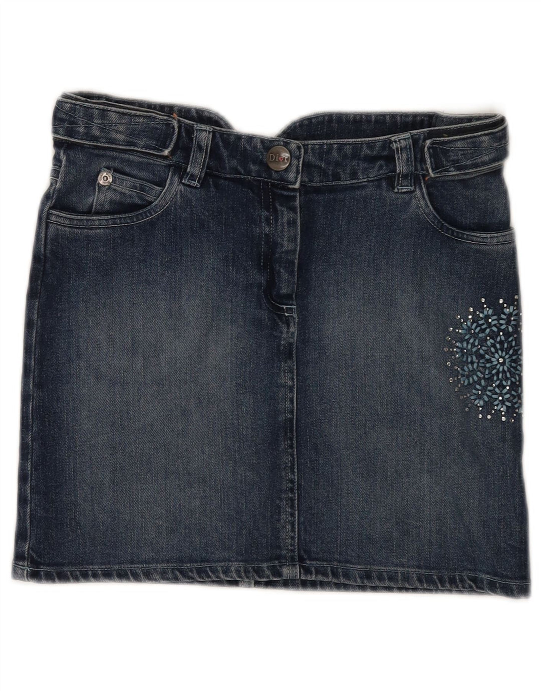 CHRISTIAN DIOR Girls Mini Denim Skirt 9-10 Years W25 Blue Floral Cotton