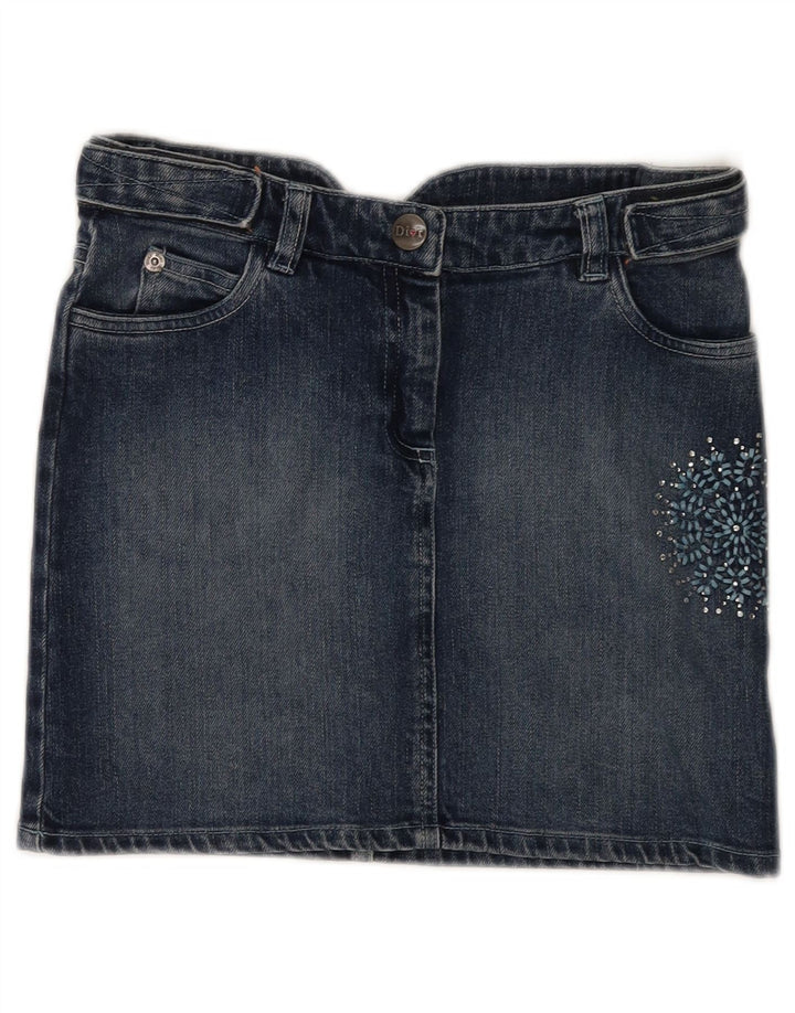 CHRISTIAN DIOR Girls Mini Denim Skirt 9-10 Years W25 Blue Floral Cotton