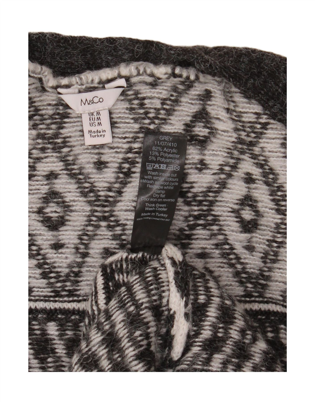 M&CO Womens Open Cardigan Sweater UK 14 Medium Grey Argyle/Diamond Acrylic