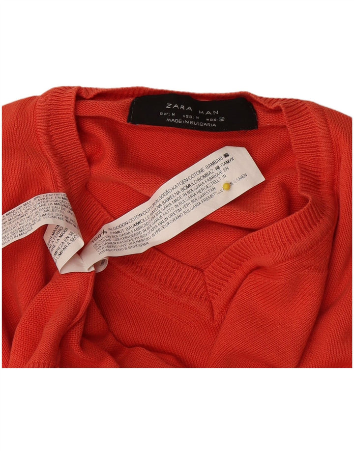 Zara Mens V-Neck Jumper Sweater Medium Red Cotton