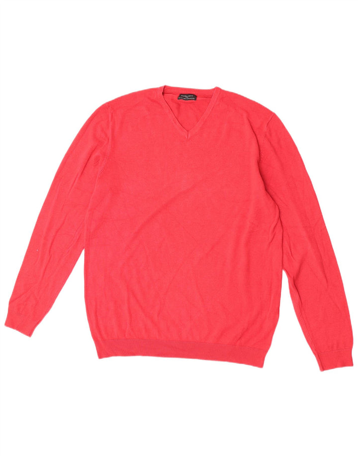 Zara Mens V-Neck Jumper Sweater Large Red Viscose