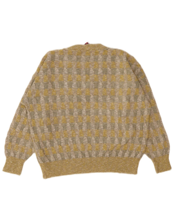 Vintage Womens V-Neck Jumper Sweater UK 18 XL Yellow Geometric Linen
