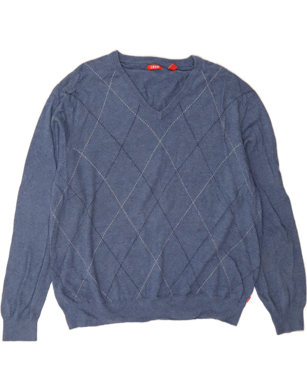 IZOD Mens V-Neck Jumper Sweater 2XL Blue Argyle/Diamond Cotton