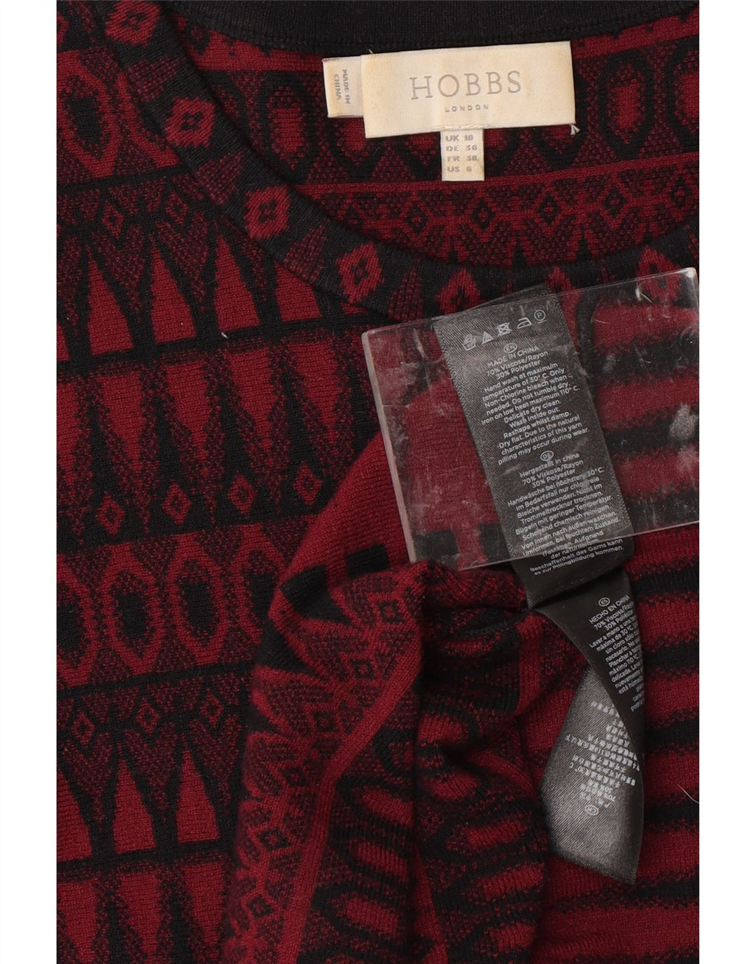 HOBBS Womens 3/4 Sleeve Jumper Dress UK 10 Small  Red Geometric Viscose