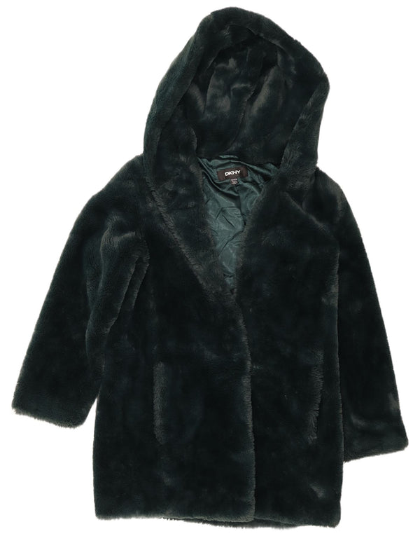 Dkny Womens Oversized Hooded Faux Fur Overcoat UK 6 XS Green Polyester