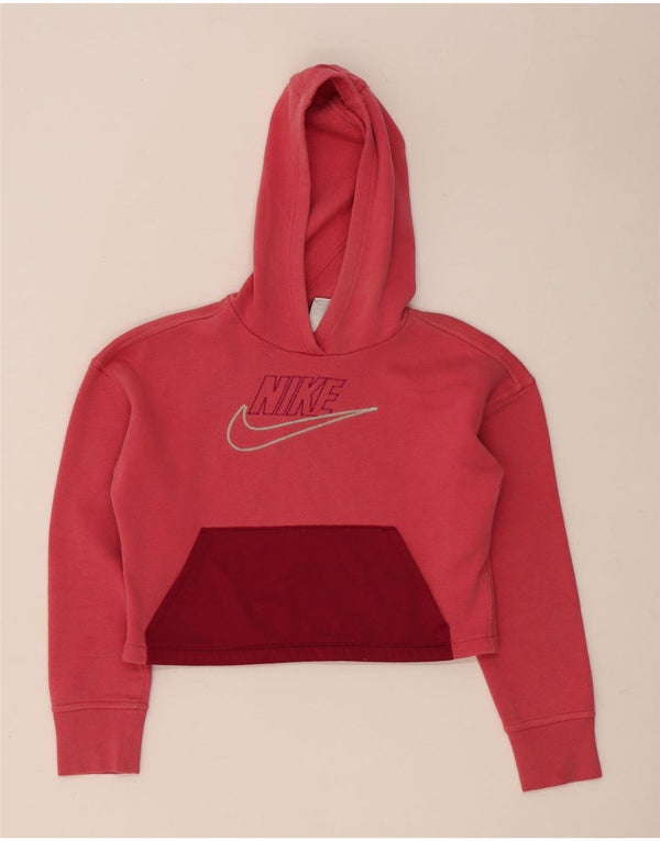 Nike Girls Crop Graphic Hoodie Jumper 12-13 Years Large Pink Cotton