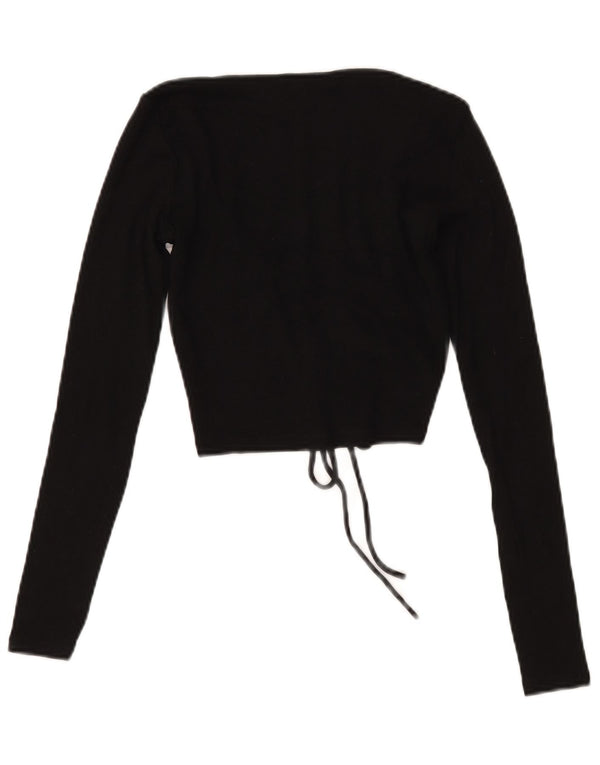 Zara Womens Crop Front Tie Top Long Sleeve UK 12 Medium Black Cotton