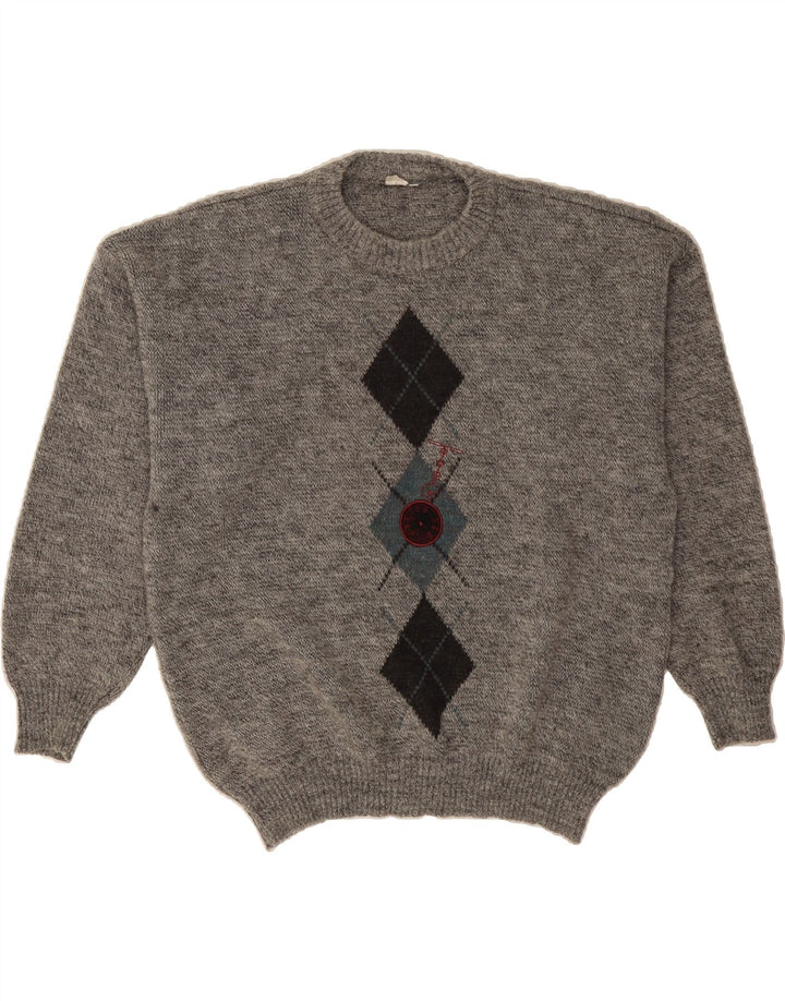 VINTAGE Mens Crew Neck Jumper Sweater IT 52 Large Grey Argyle/Diamond Vintage Vintage and Second-Hand Vintage from Messina Hembry 