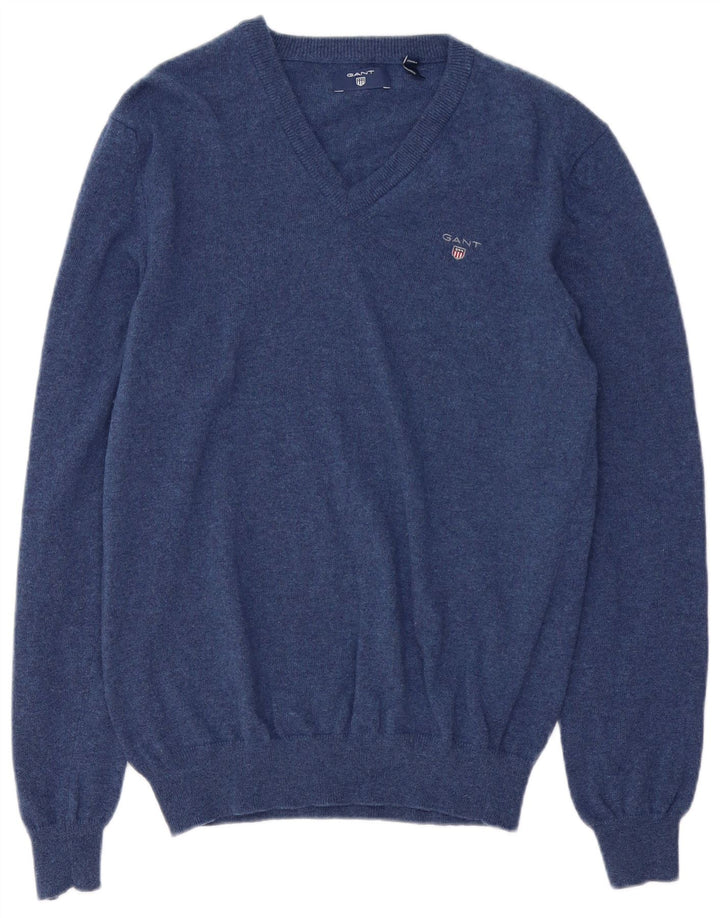 Gant Mens V-Neck Jumper Sweater Large Navy Blue Wool