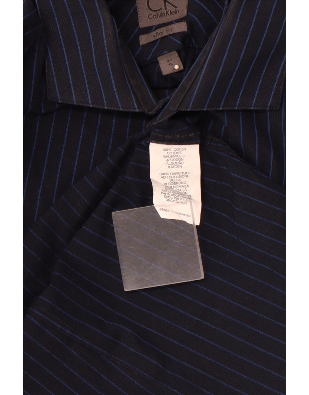 CALVIN KLEIN Mens Slim Fit Shirt Size 16 41 Large Navy Blue Striped Cotton