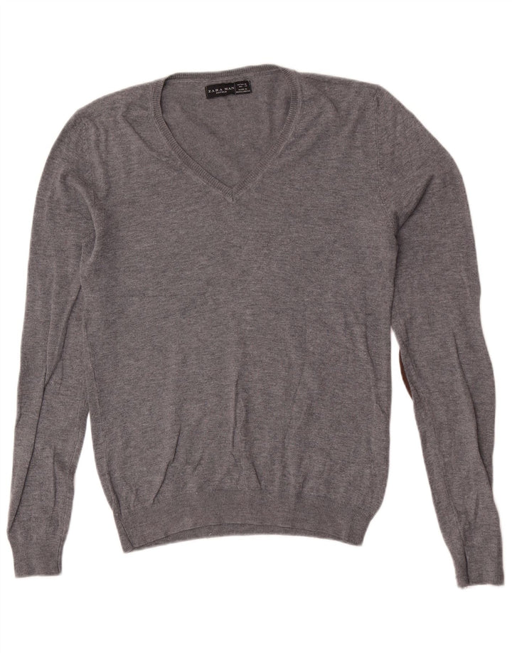 Zara Mens V-Neck Jumper Sweater Medium Grey Viscose