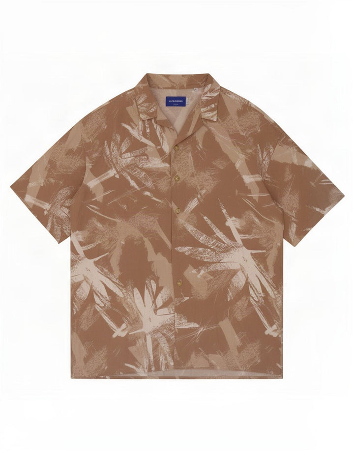 Jack & Jones Mens Abstract Pattern Short Sleeve Shirt Medium Beige Viscose