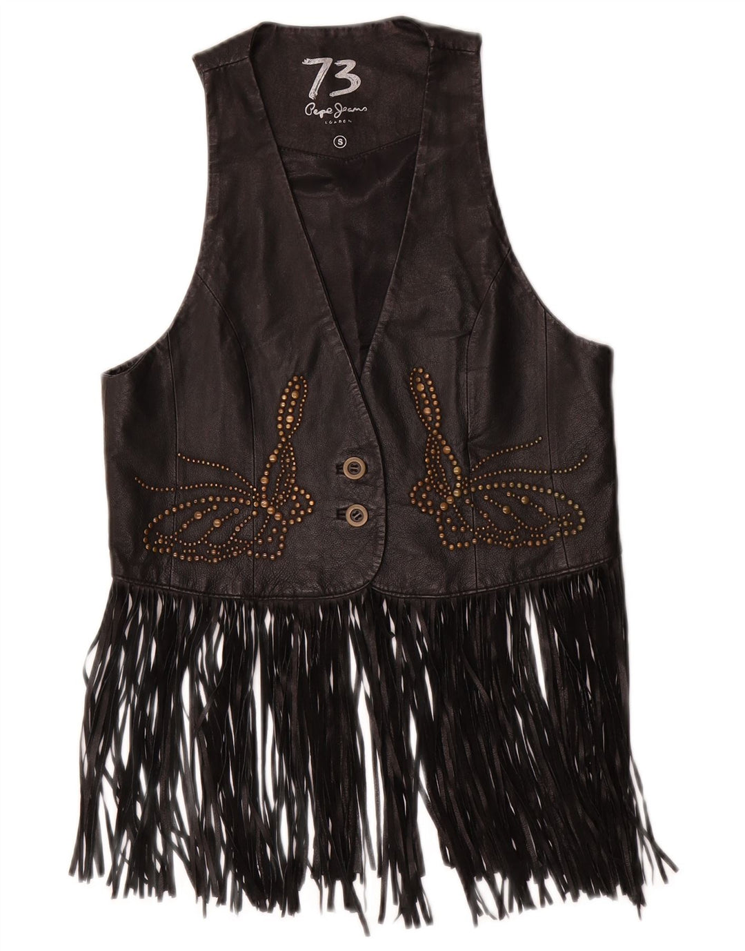 PEPE JEANS Womens Leather Waistcoat UK 10 Small Black Leather Cowboy