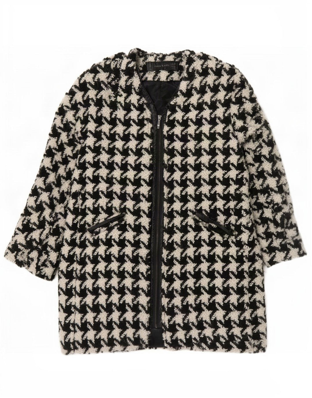 Zara Womens Overcoat UK 16 Large Black Houndstooth Wool
