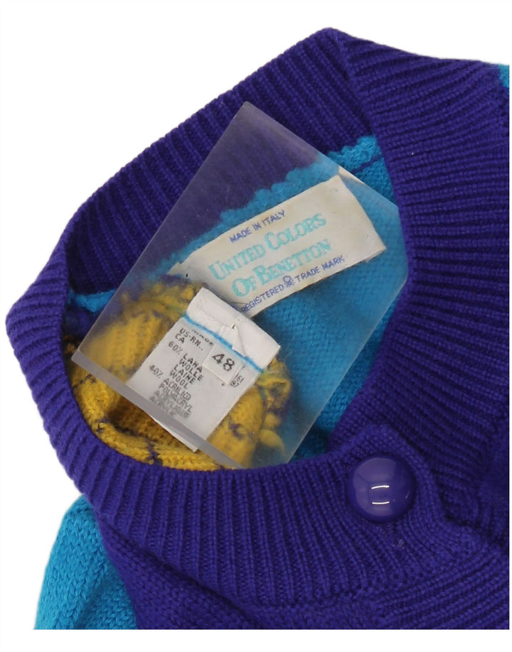Benetton Womens Winter Crop Cardigan Sweater IT 48 XL Blue Colourblock Wool