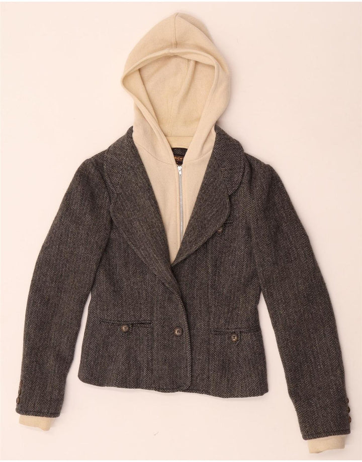 rich Womens 1 Button Hooded Blazer Jacket UK 10 Small Grey Herringbone