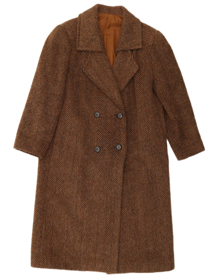 Vintage Womens Double Breasted Coat UK 14 Large Brown Herringbone Wool