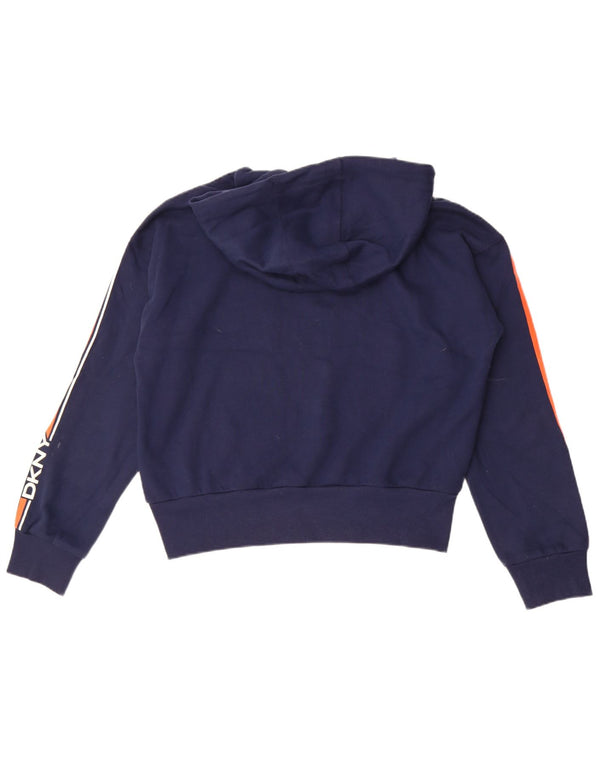 Dkny Womens Crop Graphic Hoodie Jumper UK 14 Medium Navy Blue Colourblock