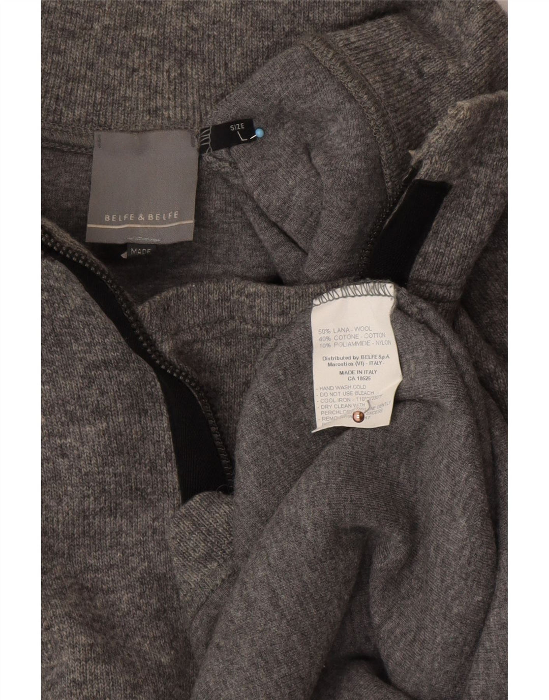 BELFE & BELFE Mens Zip Neck Jumper Sweater Large Grey Wool