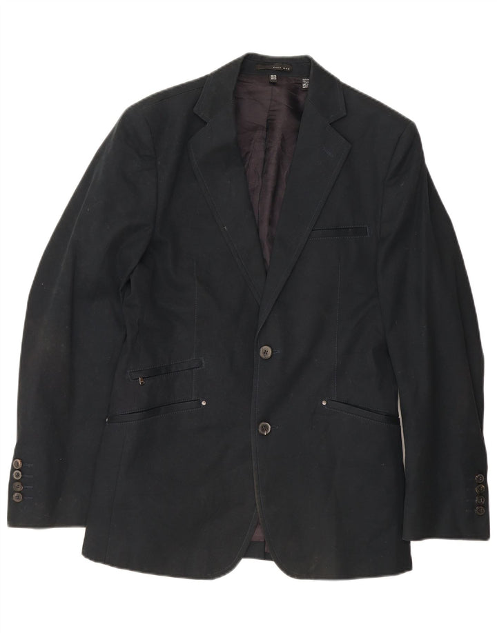 Zara Mens 2 Button Blazer Jacket IT 48 Medium Navy Blue Cotton