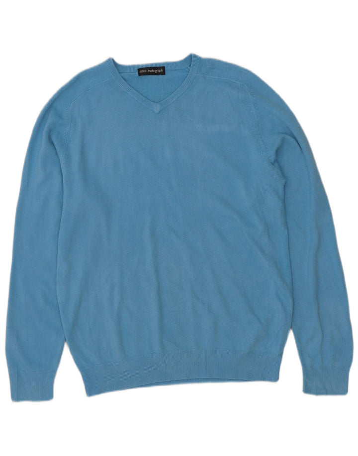 Marks & Spencer Mens Autograph V-Neck Jumper Sweater Small Blue Acrylic