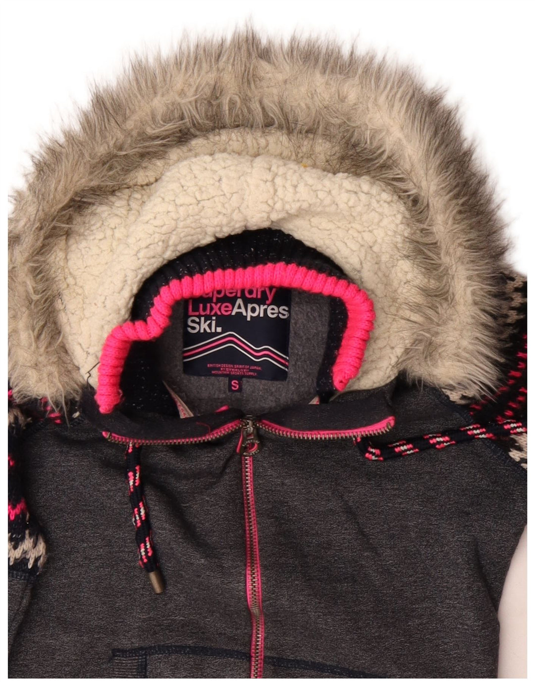 Superdry Womens Zip Hoodie Sweater UK 10 Small Grey Chevron Polyester