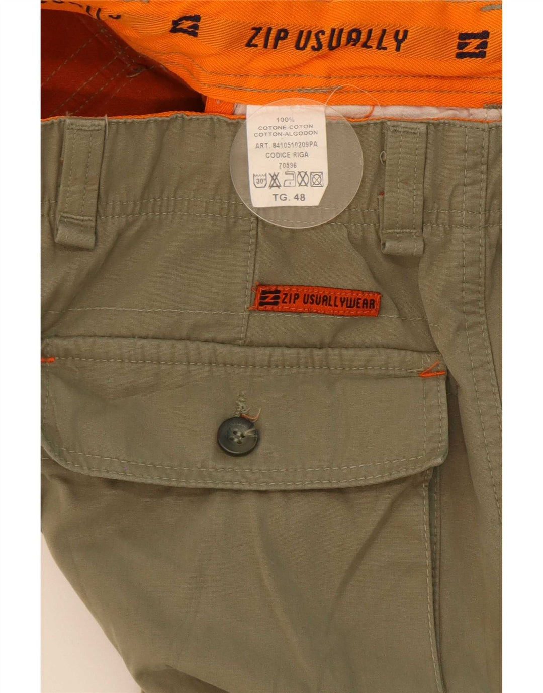 Zip Mens Straight Cargo Trousers IT 48 Medium W32 L34 Khaki Cotton