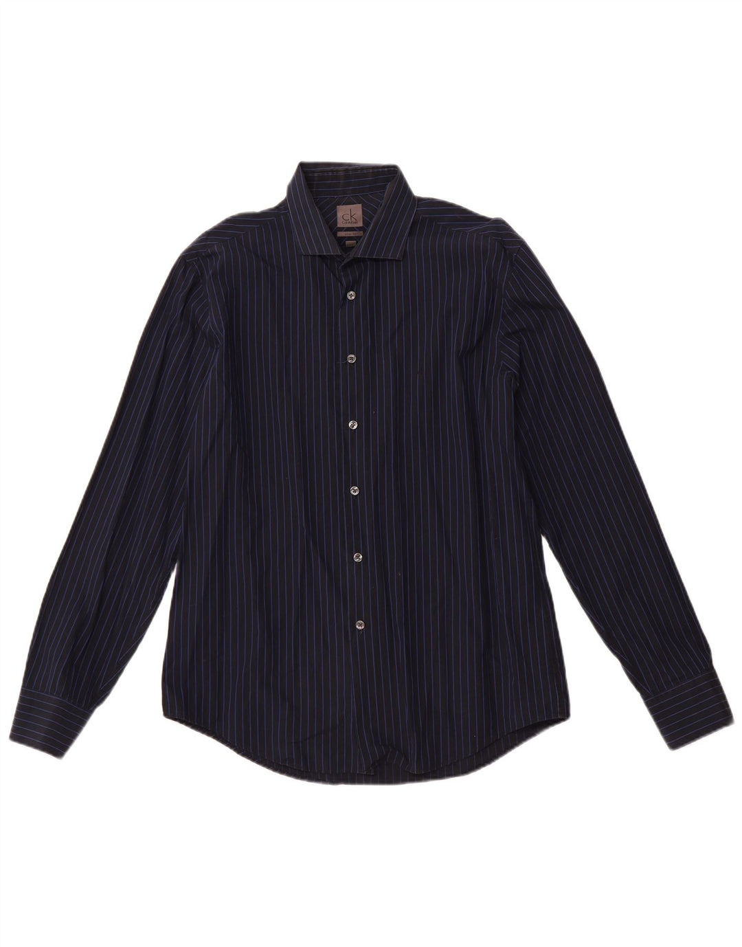 CALVIN KLEIN Mens Slim Fit Shirt Size 16 41 Large Navy Blue Striped Cotton