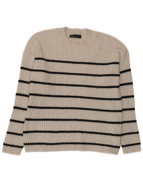 Marks & Spencer Womens Crew Neck Jumper Sweater UK 14 Medium Beige Striped