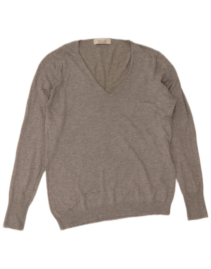 Zara Mens V-Neck Jumper Sweater Large Grey