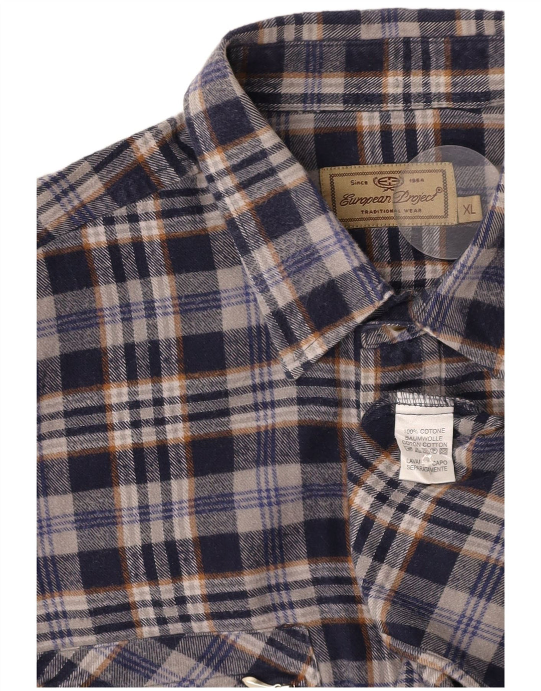 EUROPEAN PROJECT Mens Flannel Shirt XL Navy Blue Check Cotton