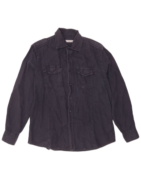 Trussardi Mens Military Shirt Large Navy Blue Linen