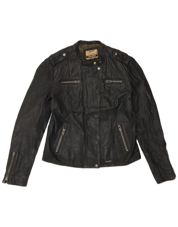 SUPERDRY Womens Leather Jacket UK 14 Medium Black Leather