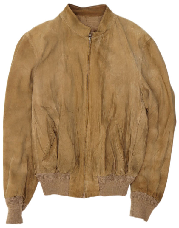 VINTAGE Mens Suede Bomber Jacket UK 38 Medium Beige Leather