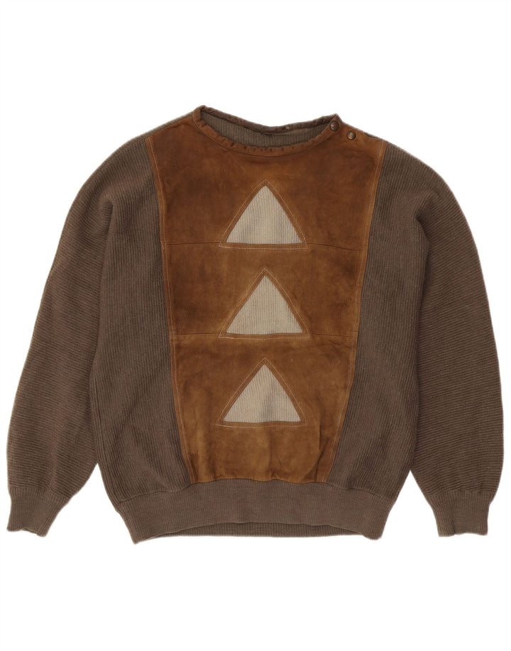 VINTAGE Mens Button Neck Jumper Sweater Large Brown Geometric Wool