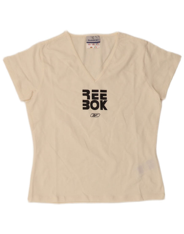 Reebok Womens Graphic T-Shirt Top UK 14 Large Off White Cotton