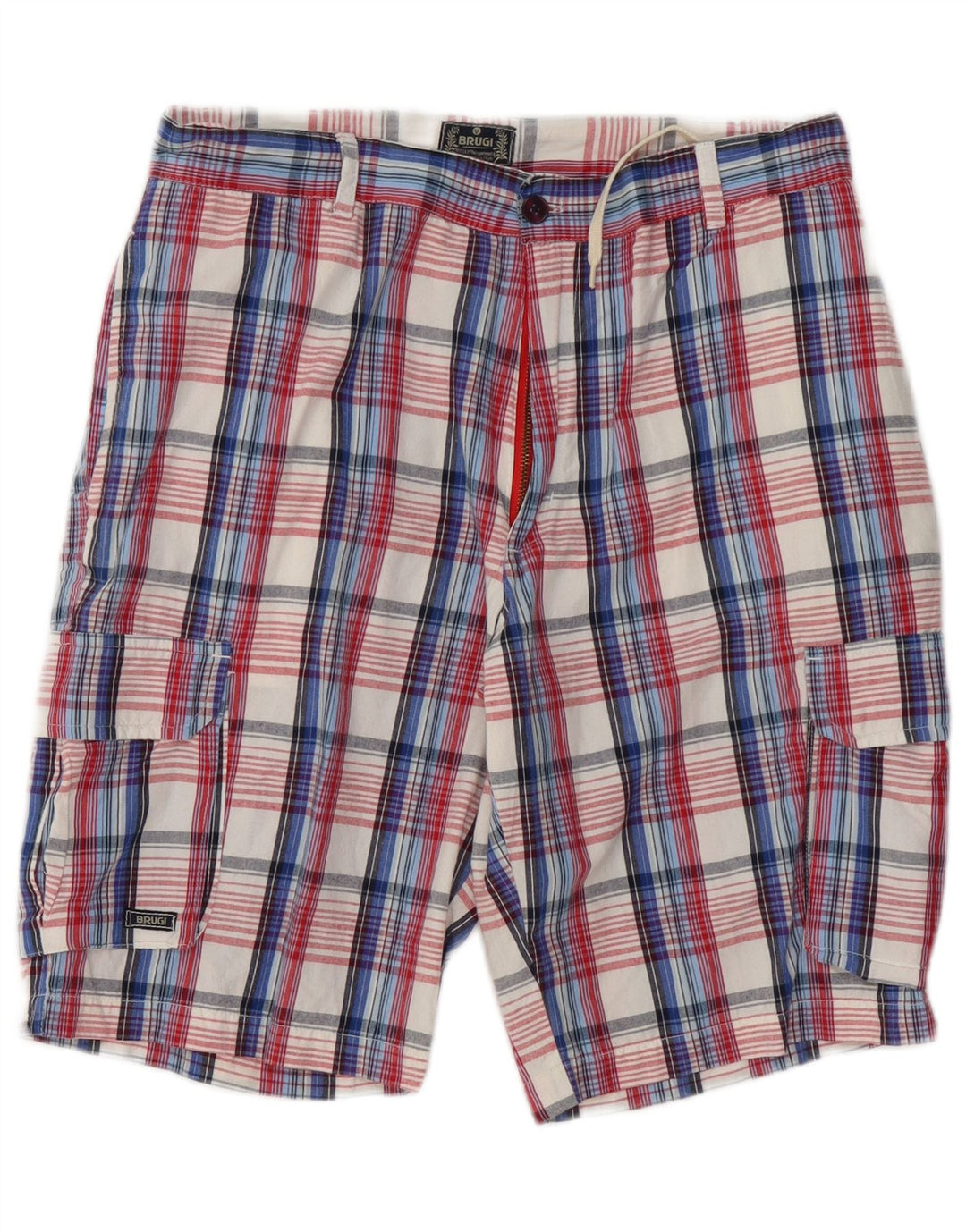 Brugi Mens Cargo Shorts Large W34 Blue Plaid Cotton
