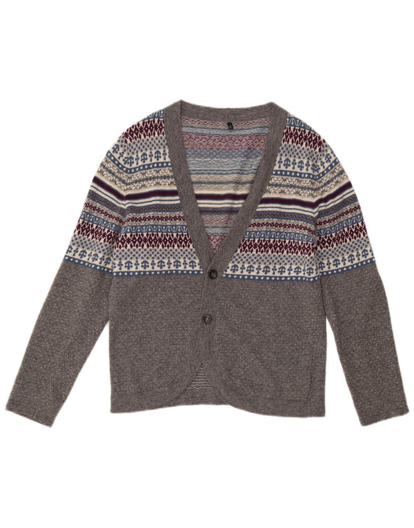 Benetton Womens Cardigan Sweater UK 14 Medium Grey Fair Isle Wool